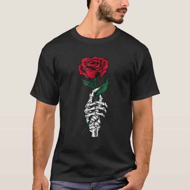 Blume White Skeleton Hand Holding Rose T-Shirt (Vorderseite)