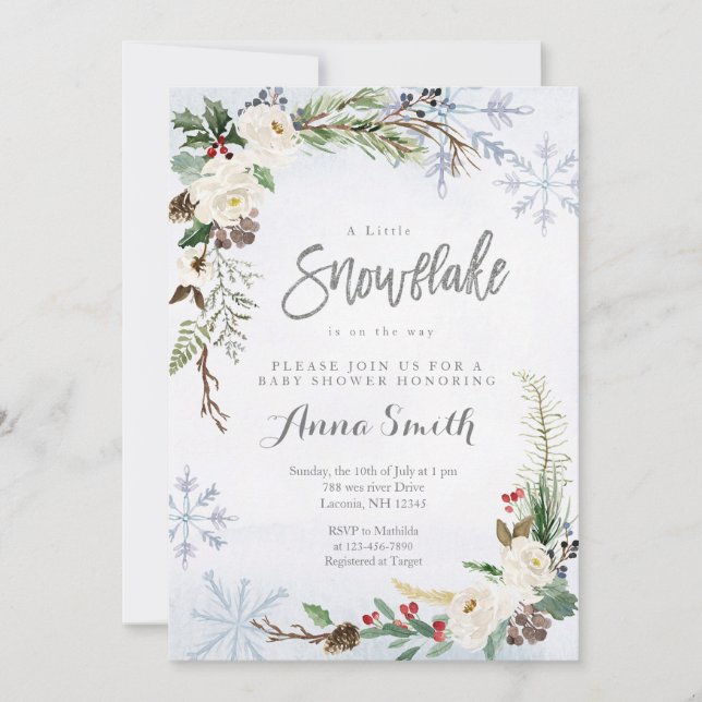 Blume Winterschneeflocken sind auf dem Weg Babydus Einladung (Vorderseite)