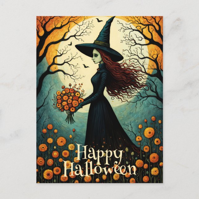 Blume Witch Girl Night Forest Happy Halloween Postkarte (Vorderseite)