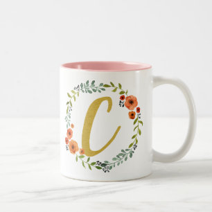 Blume Wreath Gold Monogram Initial C Zweifarbige Tasse
