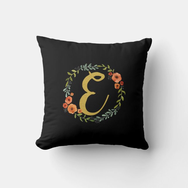 Blume Wreath Gold Monogram Initial E Cushion Kissen (Vorderseite)
