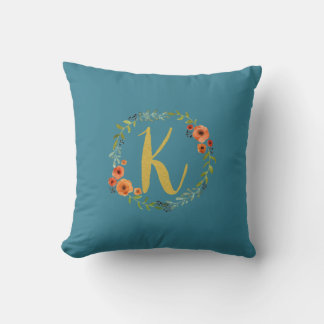 Blume Wreath Gold Monogram Initial K Cushion Aquam Kissen