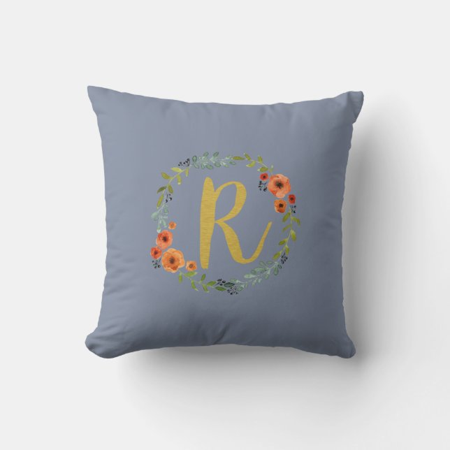 Blume Wreath Gold Monogram Initial R Cushion Kissen (Vorderseite)