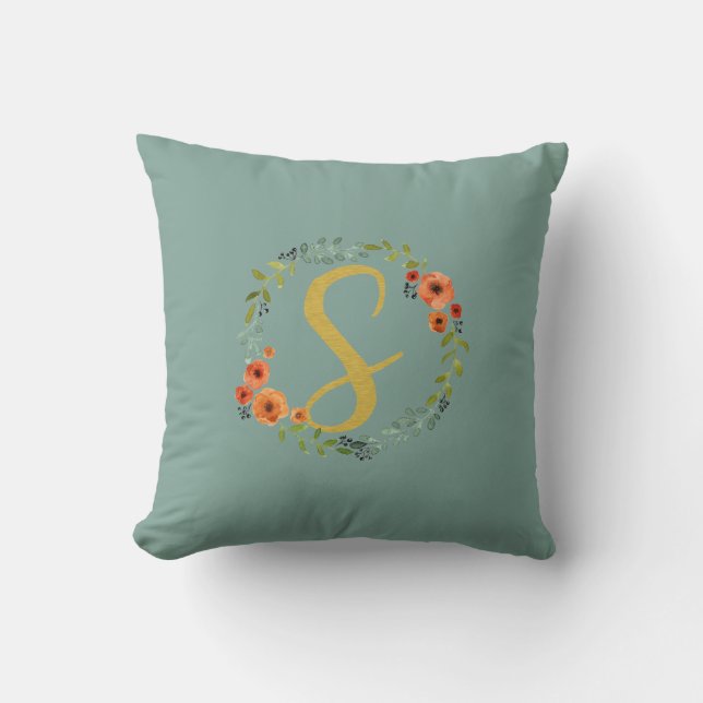 Blume Wreath Gold Monogram Initial S Cushion Kissen (Vorderseite)