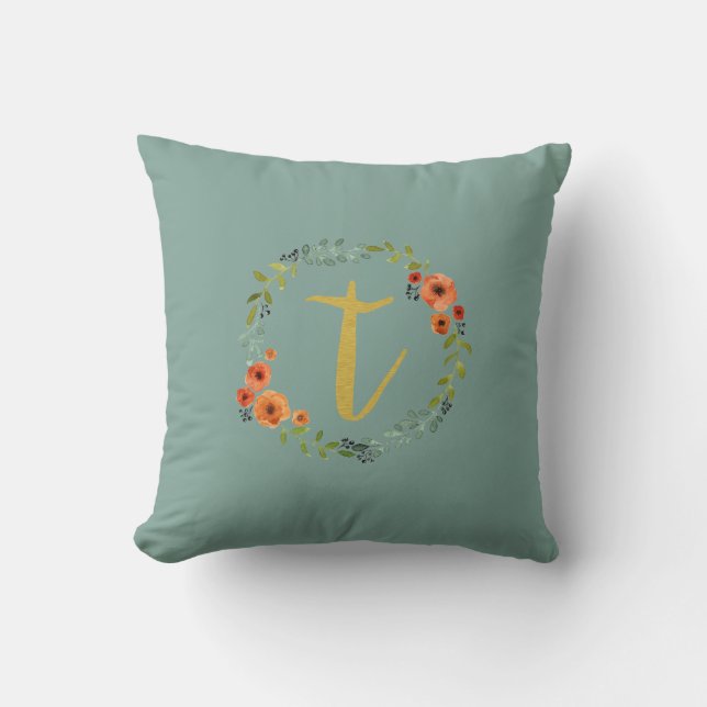 Blume Wreath Gold Monogram Initial T Cushion Kissen (Vorderseite)