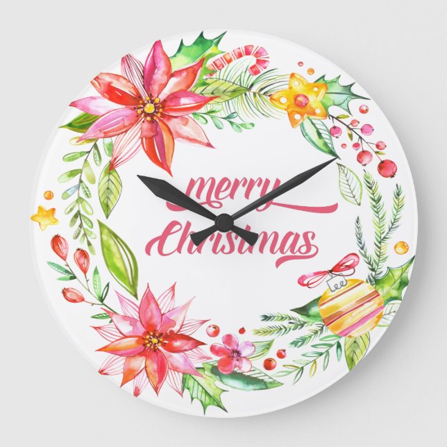 Blume Wreath Moderne Typografie Frohe Weihnachten Große Wanduhr (Vorderseite)