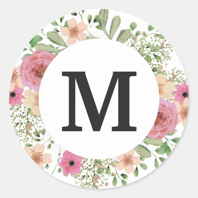 Blume Wreath Monogram Classic niedlich Runder Aufkleber (Vorderseite)