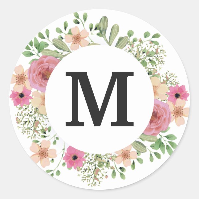Blume Wreath Monogram Classic niedlich Runder Aufkleber (Vorderseite)
