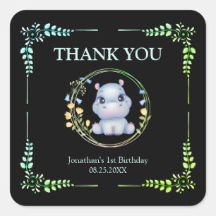 Blume Wreath Niedlich Hippo Geburtstag Danke Ihnen Quadratischer Aufkleber