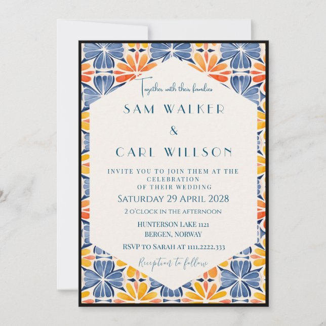 Blume Yellow Blue Orange Tile Wedding (Grenze) Einladung (Vorderseite)