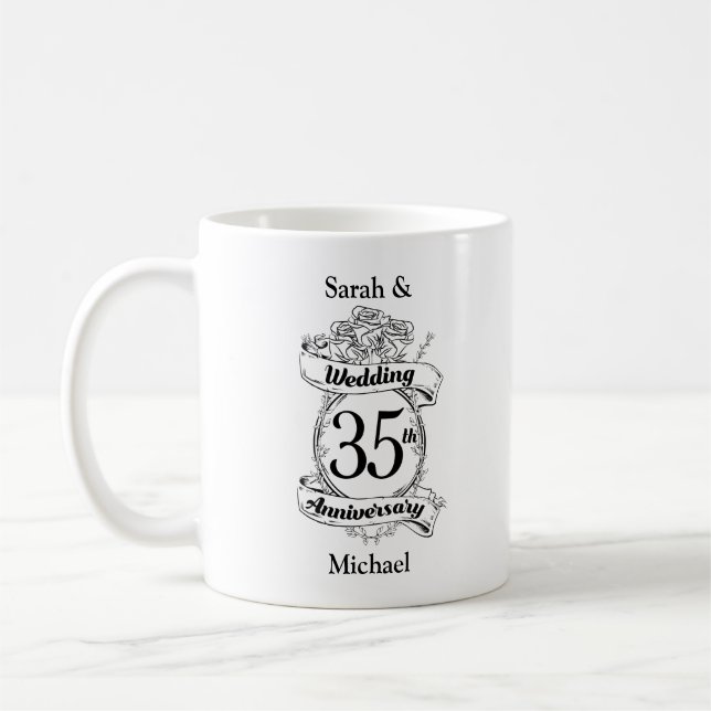 Blume zum 35. Hochzeitstag schwarz-weiß Kaffeetasse (Links)