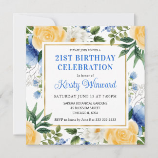 Blume zum Geburtstag von Aquarellblau und Gelb Einladung