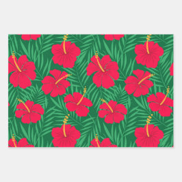 Blume zum Roten Hibiskus auf den tropischen grünen Geschenkpapier Set