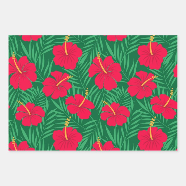 Blume zum Roten Hibiskus auf den tropischen grünen Geschenkpapier Set (Vorderseite)