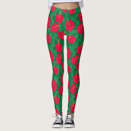 Blume zum Roten Hibiskus auf den tropischen grünen Leggings