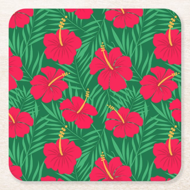 Blume zum Roten Hibiskus auf den tropischen grünen Rechteckiger Pappuntersetzer (Vorderseite)
