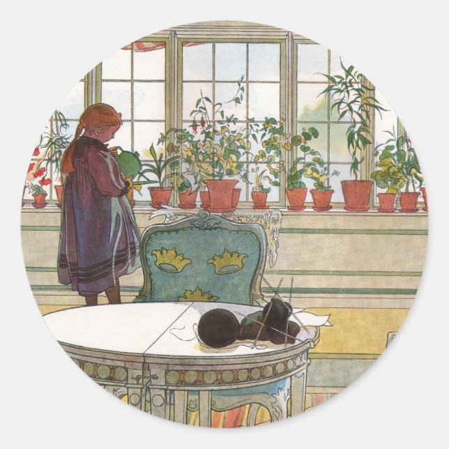 Blume zum Windows von Carl Larsson Runder Aufkleber (Vorderseite)