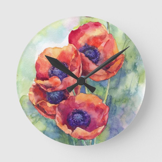 Blume zur Mohnblüte in Aquarellfarben Blume Runde Wanduhr (Vorderseite)