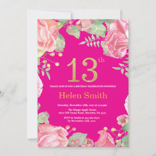 Blumen13. Geburtstags-GoldGlitzer und heißes Rosa Einladung