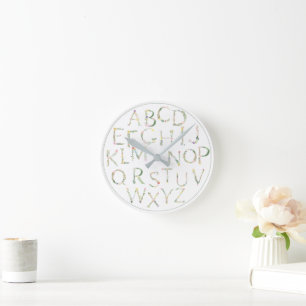 Blumen-ABC-Alphabet-Leinwand-Wandkunst Runde Wanduhr
