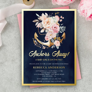 Blumen Anker Nautisches Mädchen Baby Shower Navy G Folieneinladung