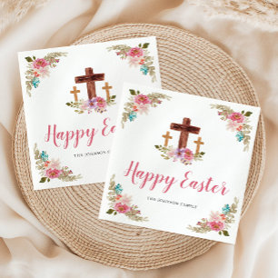 Blumen-Aquarell religiöses Kreuz Frohe Ostern Serviette