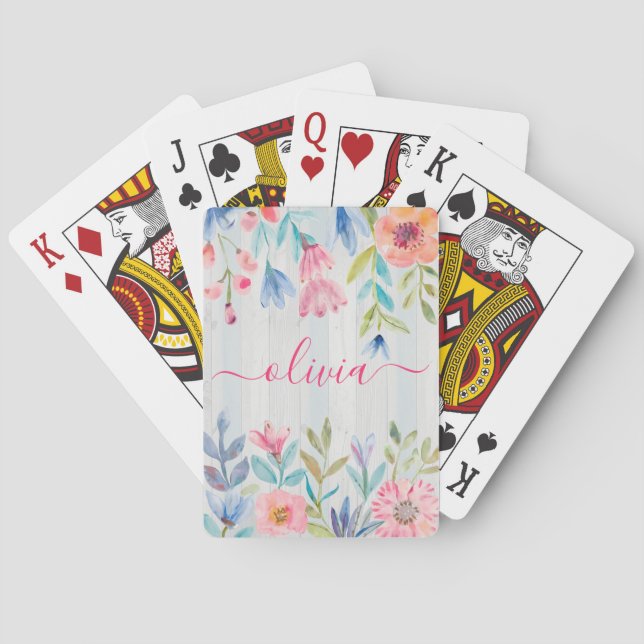 Blumen-Aquarell-rustikales Monogramm Spielkarten (Rückseite)