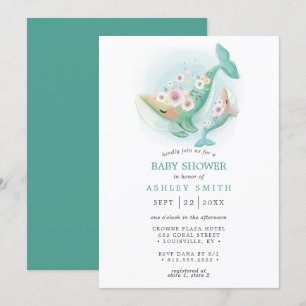 Blumen-Aquarell-Wal-Teal-Baby-Party Einladung