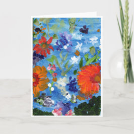 Blumen auf blauer Anmerkung zum Hintergrundkarte Karte