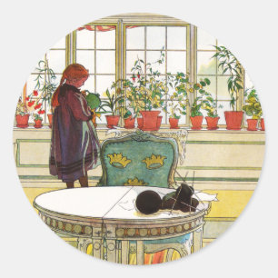 Blumen auf dem Fensterbrett von Carl Larsson Runder Aufkleber