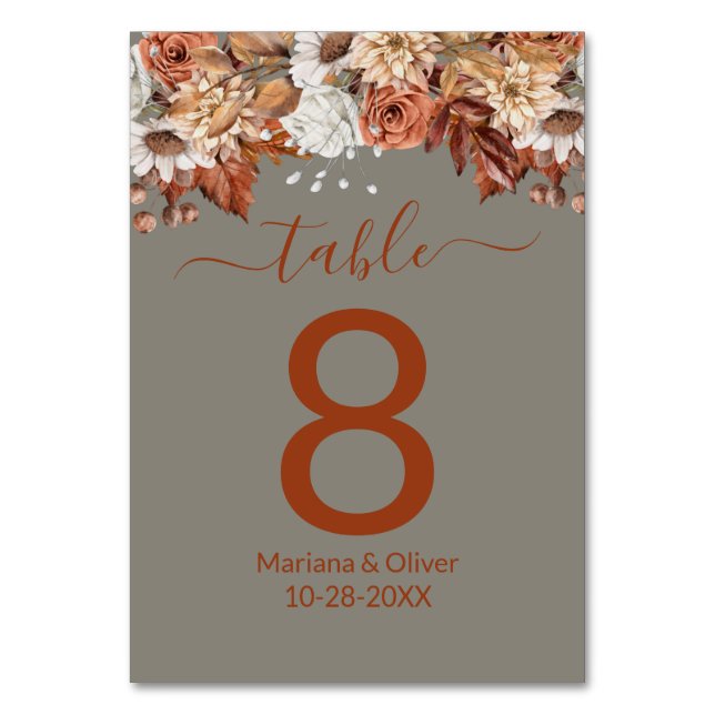 Blumen auf der grauen Fall-Tischnummer Tischnummer (Vorderseite)