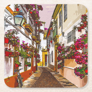 Blumen auf der Straße. Cordoba, Andalusien, Spanie Rechteckiger Pappuntersetzer