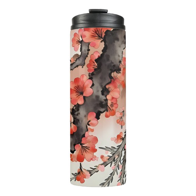 Blumen auf Schwarz Thermosbecher (Vorderseite)