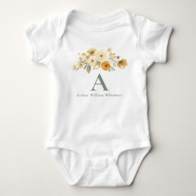 Blumen-Babyshorts mit Anfangsbuchstaben | Salbeigr Baby Strampler (Vorderseite)