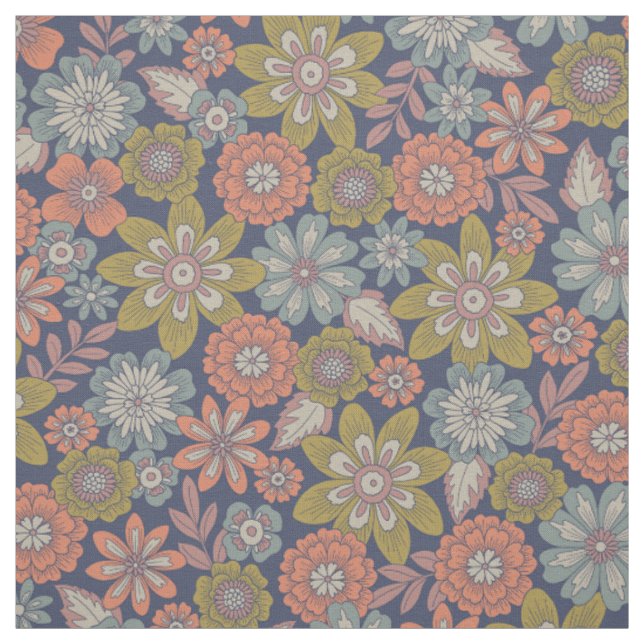 Blumen blühen & blühen in Korallen, Blau & Grün Stoff (Muster)
