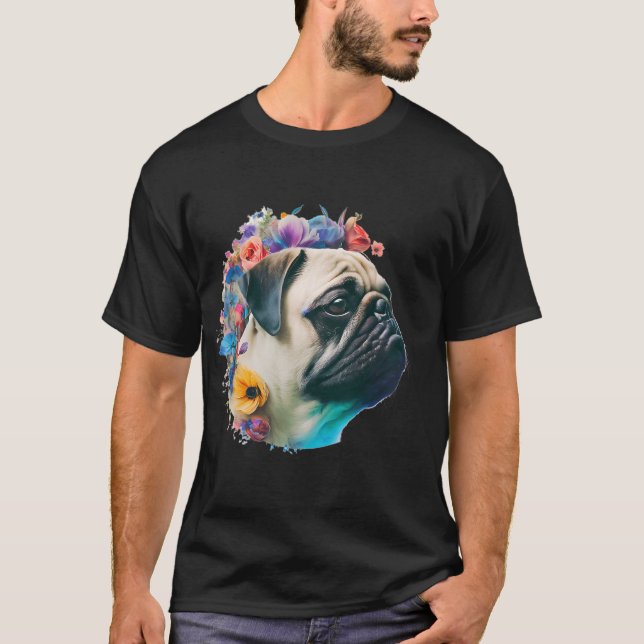 Blumen Blumen Mops Porträt T-Shirt (Vorderseite)