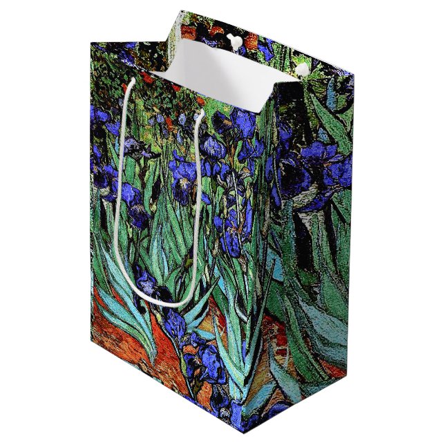 Blumen-Blumengeschenk-Tasche Vans Goghs Irises Mittlere Geschenktüte (Vorderseite Schrägansicht)