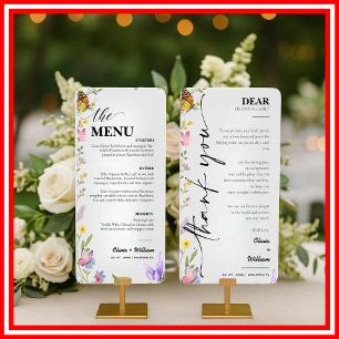 Blumen-Boho-Wildblumen-Hochzeitsmenü-Dankeskarten Menükarte