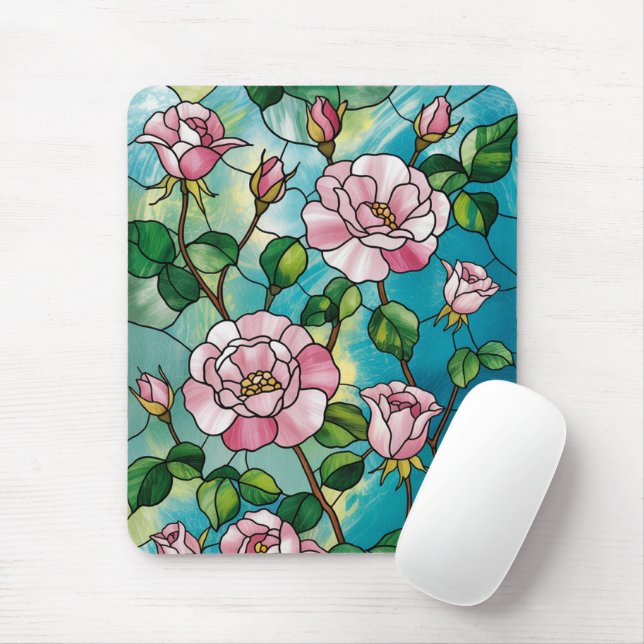 Blumen-Buntglas-Effekt Rosa Blumen Botanisch Mousepad (Mit Mouse)