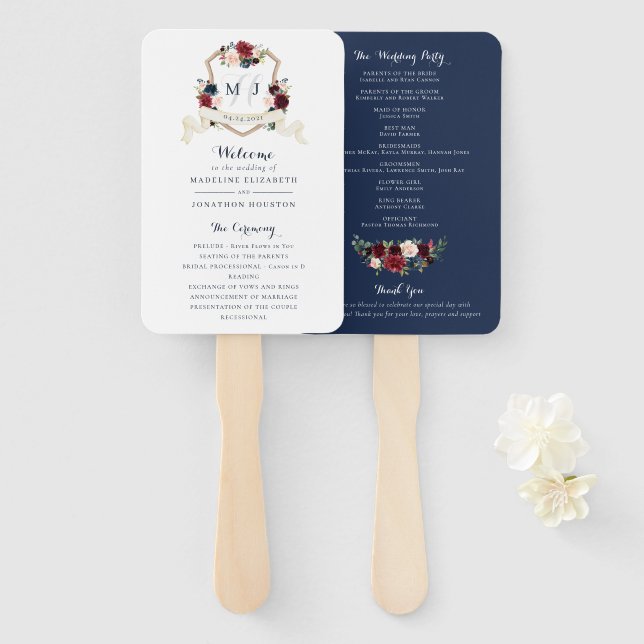 Blumen Burgund Navy Blauer Grünpflanzen Elegantes  Fächer (Vorne und Hinten)