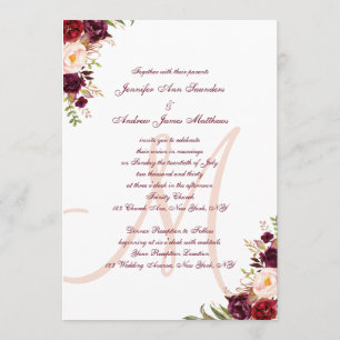 Blumen Burgunder erröten Monogramm-elegante Einladung