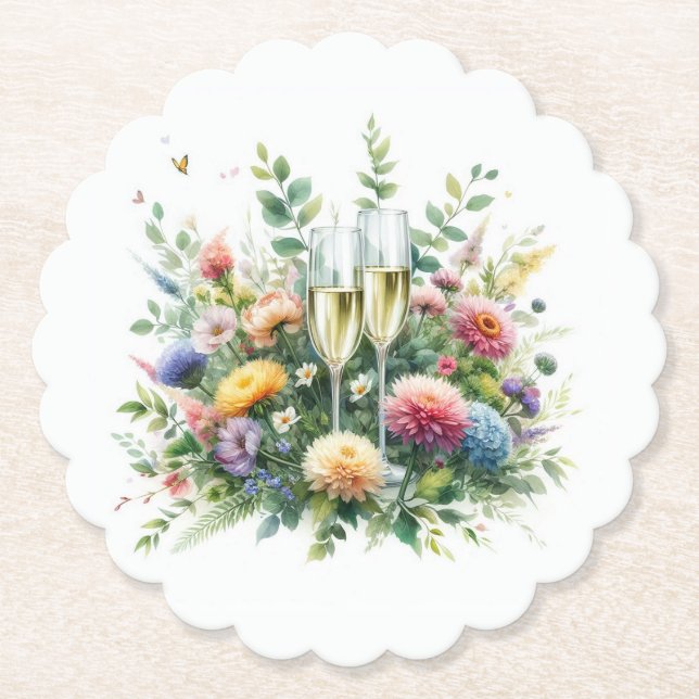 Blumen Champagner Party Papier Untersetzer (Vorderseite)