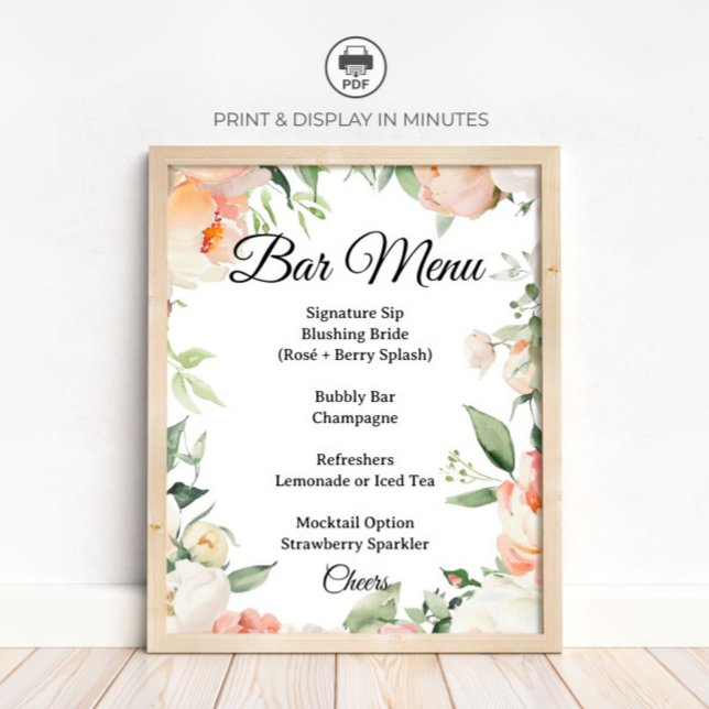 Blumen-Cocktailbar-Menü Hochzeitsdusche Schild (Von Creator hochgeladen)