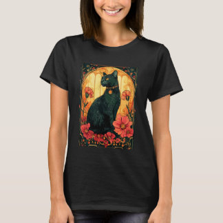 Blumen Cottagecore Schwarze Katze & Mond Whimsical T-Shirt