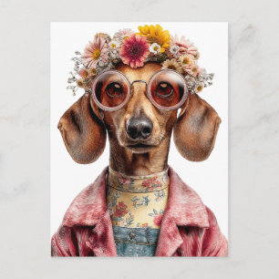 Blumen-Dachshund im Vintage-Stil Postkarte
