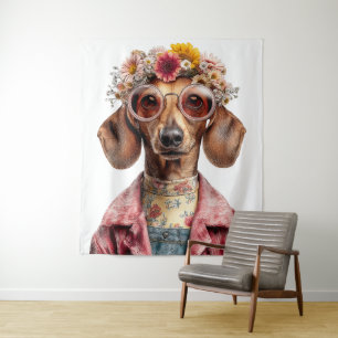 Blumen-Dachshund im Vintage-Stil Wandteppich