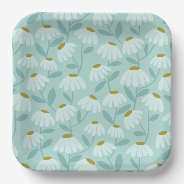 Blumen-Daisy-Muster Teal Blau & Olivgrün Pappteller (Vorderseite)