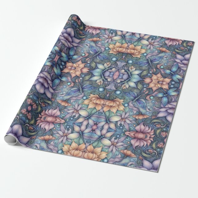 Blumen Damask Blue Gold Geschenkpapier (Ungerollt)