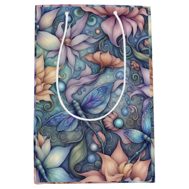 Blumen Damask Blue Gold Mittlere Geschenktüte (Vorderseite)