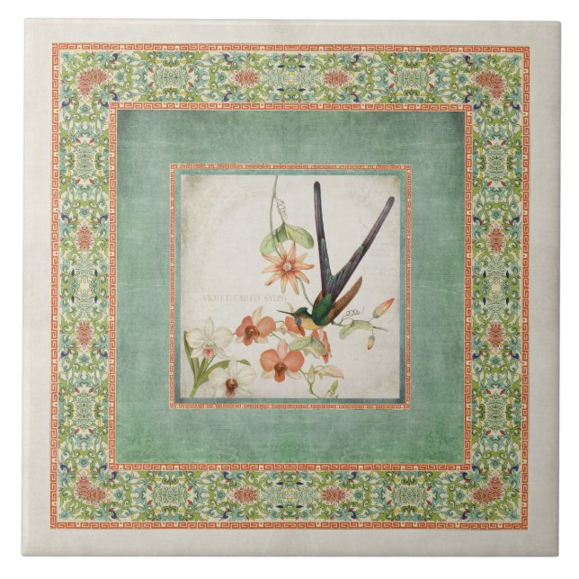 Blumen der Chinoiserie-Vintage Kolibri-n Fliese (Vorderseite)